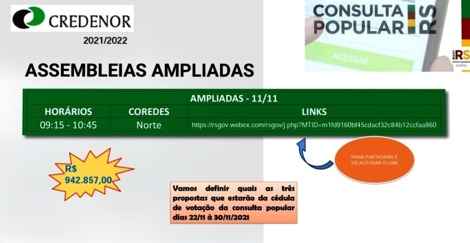 Ir para  <p>A assembleia ampliada do COREDE NORTE acontecer&aacute; na quinta feira (11/11), de forma virtual (via internet), no hor&aacute;rio das 09h15min at&eacute; &agrave;s 10h45min. Para o COREDE NORTE s&atilde;o R$...